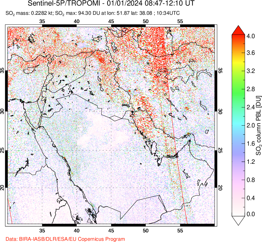 A sulfur dioxide image over Middle East on Jan 01, 2024.