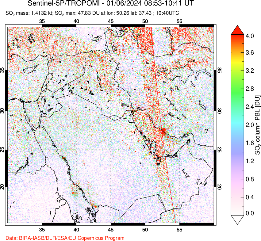 A sulfur dioxide image over Middle East on Jan 06, 2024.