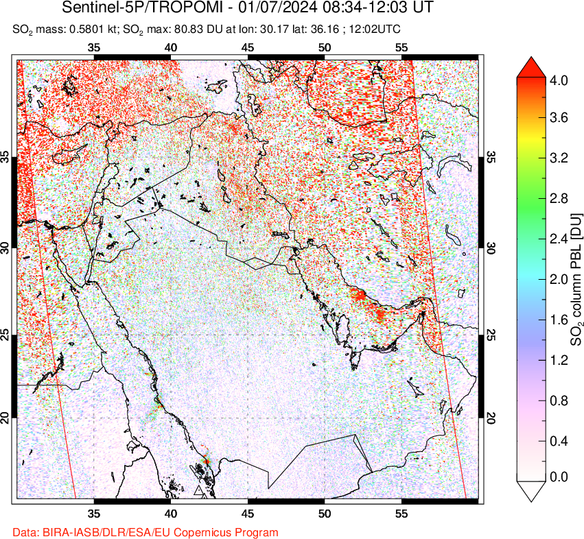 A sulfur dioxide image over Middle East on Jan 07, 2024.