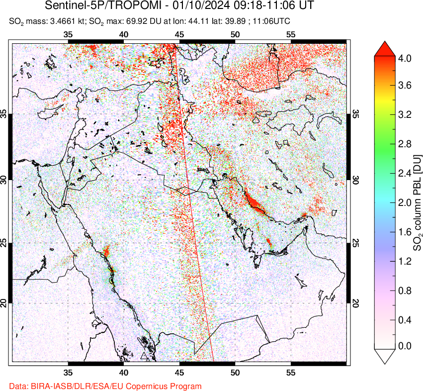 A sulfur dioxide image over Middle East on Jan 10, 2024.