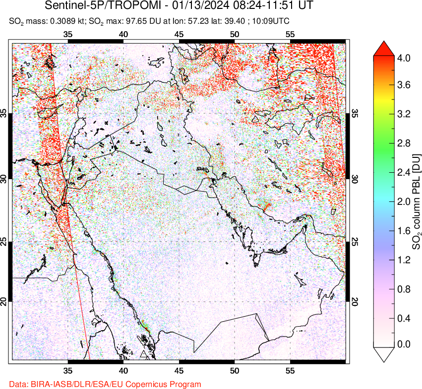 A sulfur dioxide image over Middle East on Jan 13, 2024.