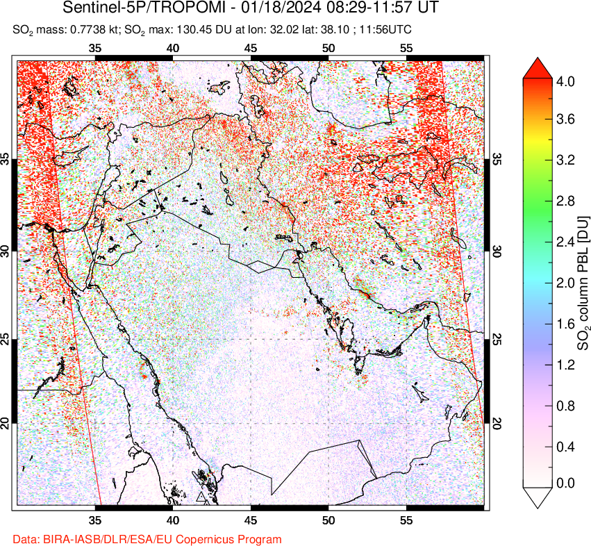 A sulfur dioxide image over Middle East on Jan 18, 2024.