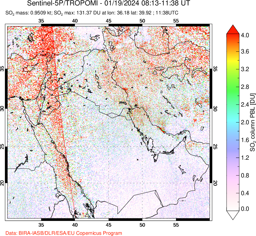 A sulfur dioxide image over Middle East on Jan 19, 2024.