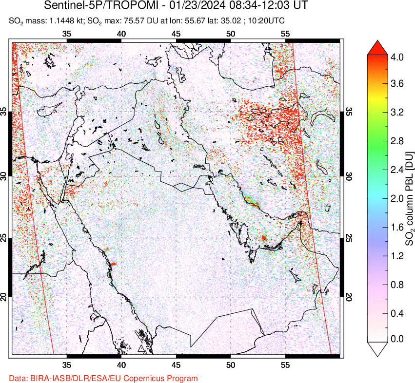 A sulfur dioxide image over Middle East on Jan 23, 2024.