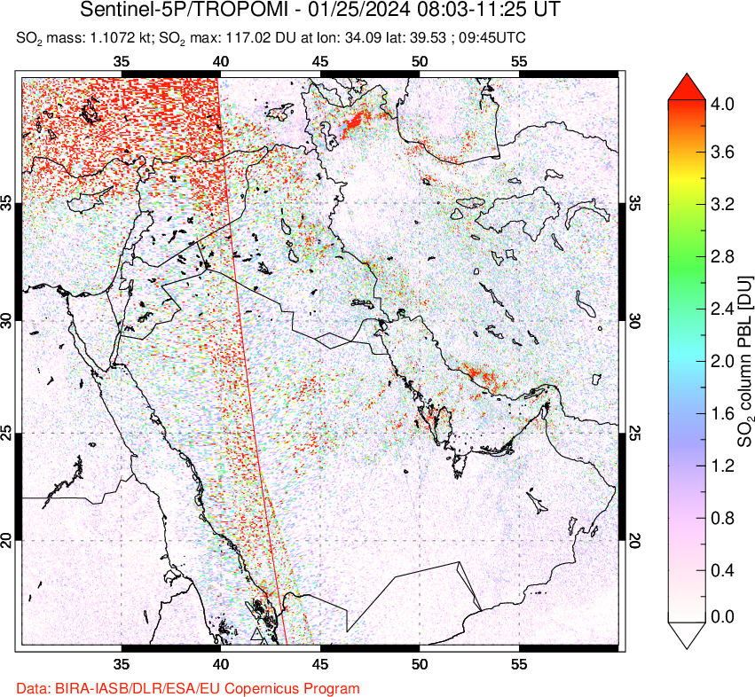 A sulfur dioxide image over Middle East on Jan 25, 2024.