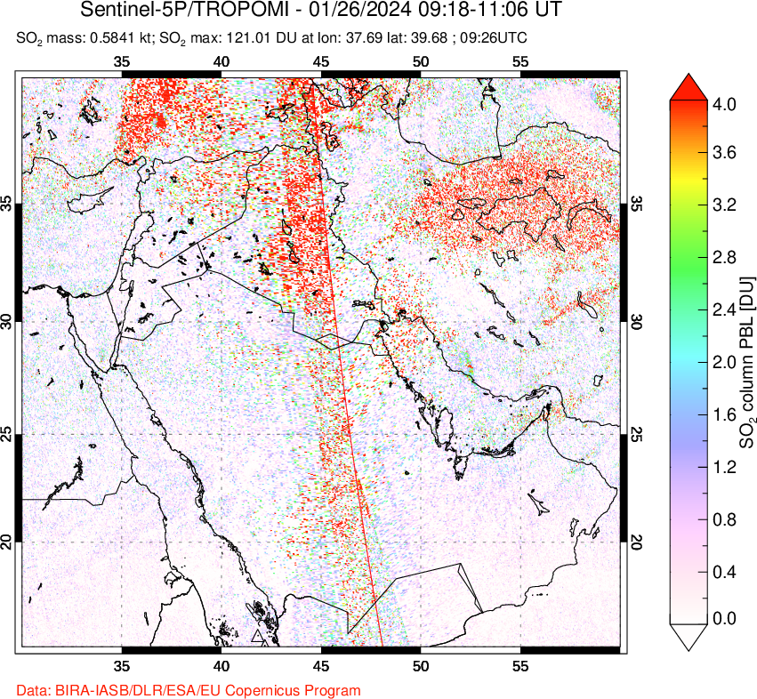 A sulfur dioxide image over Middle East on Jan 26, 2024.