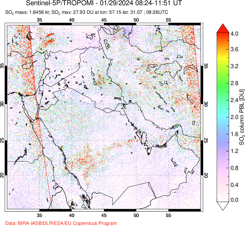 A sulfur dioxide image over Middle East on Jan 29, 2024.