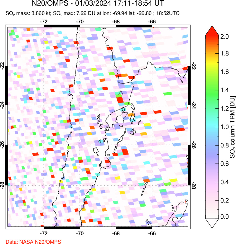 A sulfur dioxide image over Northern Chile on Jan 03, 2024.