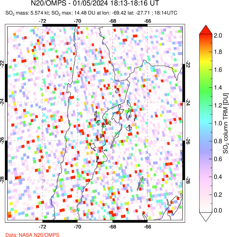 A sulfur dioxide image over Northern Chile on Jan 05, 2024.