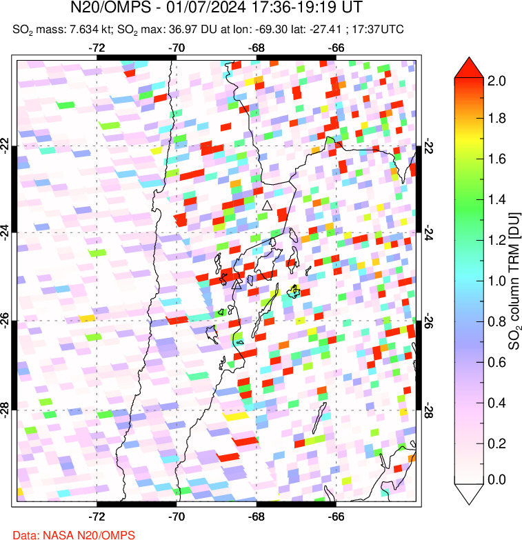 A sulfur dioxide image over Northern Chile on Jan 07, 2024.