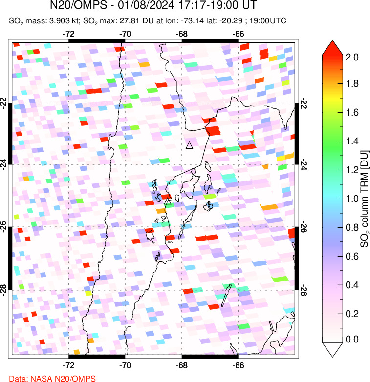 A sulfur dioxide image over Northern Chile on Jan 08, 2024.