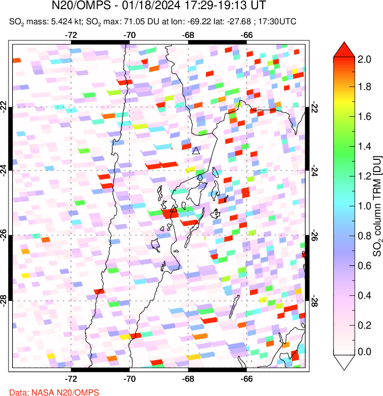 A sulfur dioxide image over Northern Chile on Jan 18, 2024.