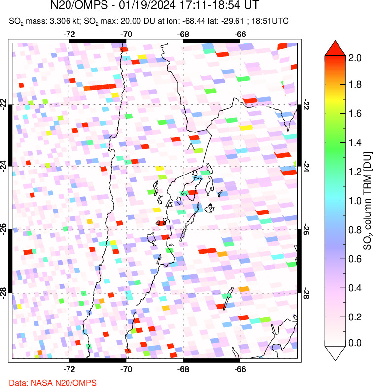 A sulfur dioxide image over Northern Chile on Jan 19, 2024.