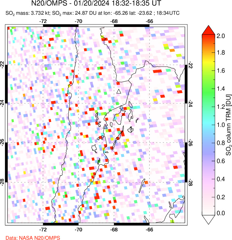 A sulfur dioxide image over Northern Chile on Jan 20, 2024.