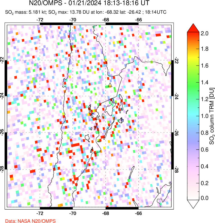 A sulfur dioxide image over Northern Chile on Jan 21, 2024.