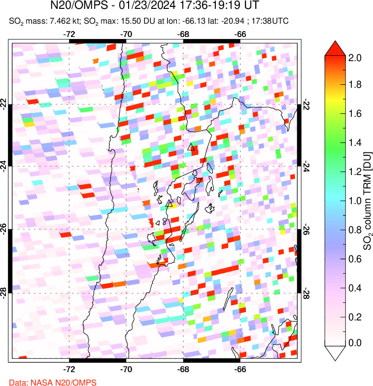 A sulfur dioxide image over Northern Chile on Jan 23, 2024.