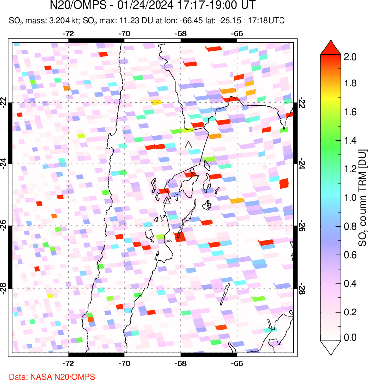 A sulfur dioxide image over Northern Chile on Jan 24, 2024.