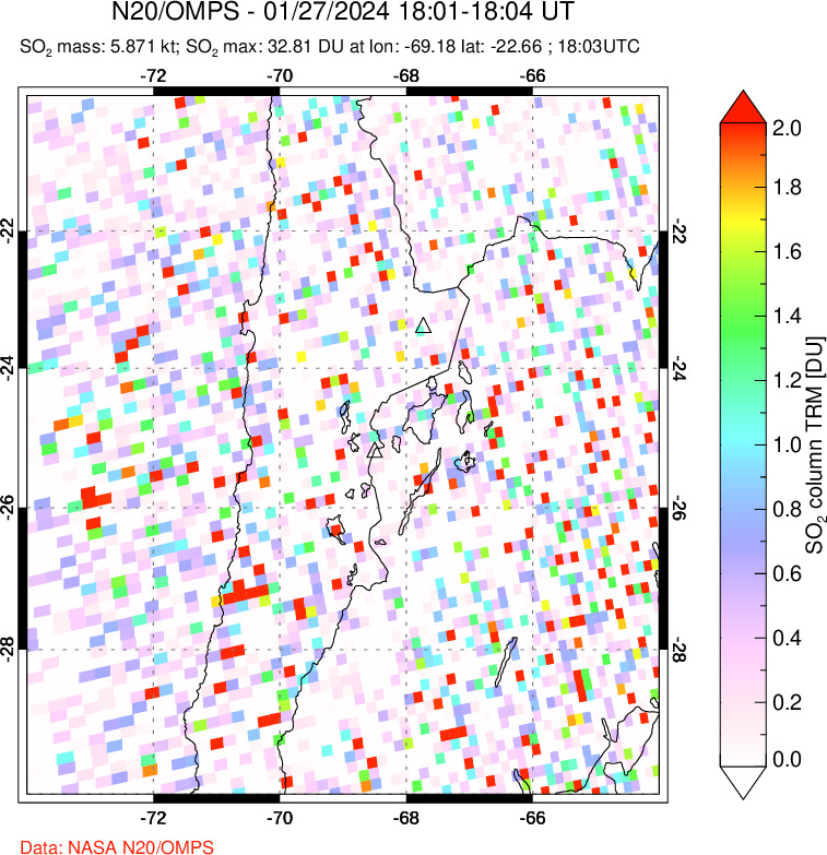 A sulfur dioxide image over Northern Chile on Jan 27, 2024.