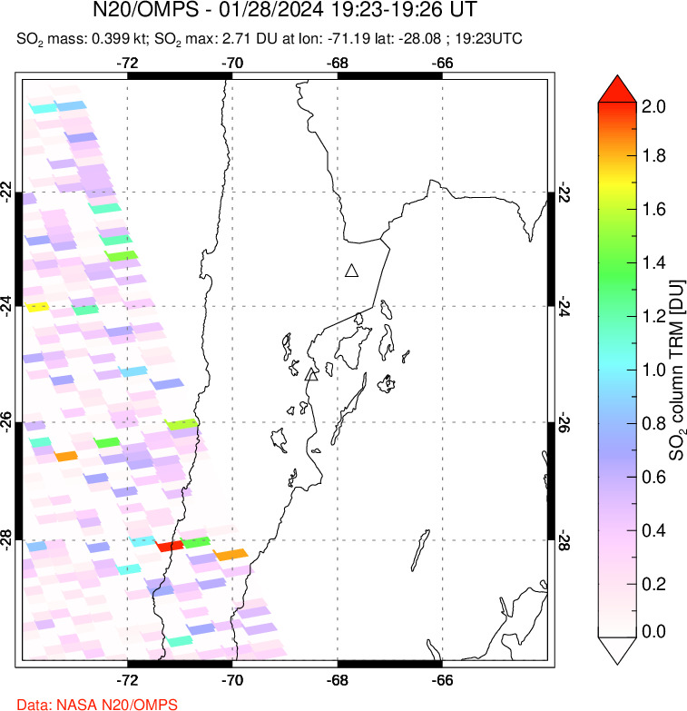 A sulfur dioxide image over Northern Chile on Jan 28, 2024.