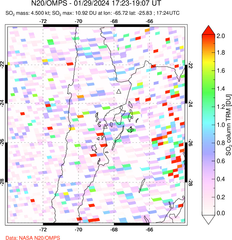 A sulfur dioxide image over Northern Chile on Jan 29, 2024.