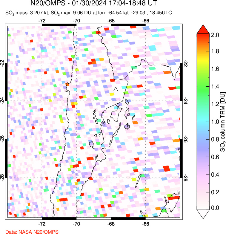 A sulfur dioxide image over Northern Chile on Jan 30, 2024.