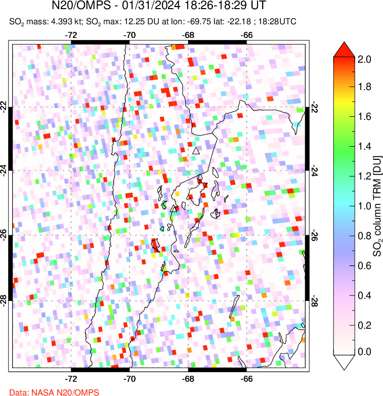 A sulfur dioxide image over Northern Chile on Jan 31, 2024.