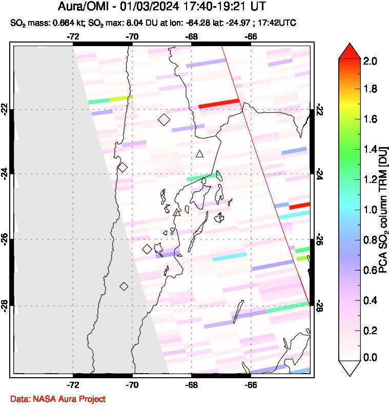 A sulfur dioxide image over Northern Chile on Jan 03, 2024.