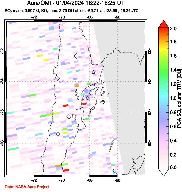 A sulfur dioxide image over Northern Chile on Jan 04, 2024.