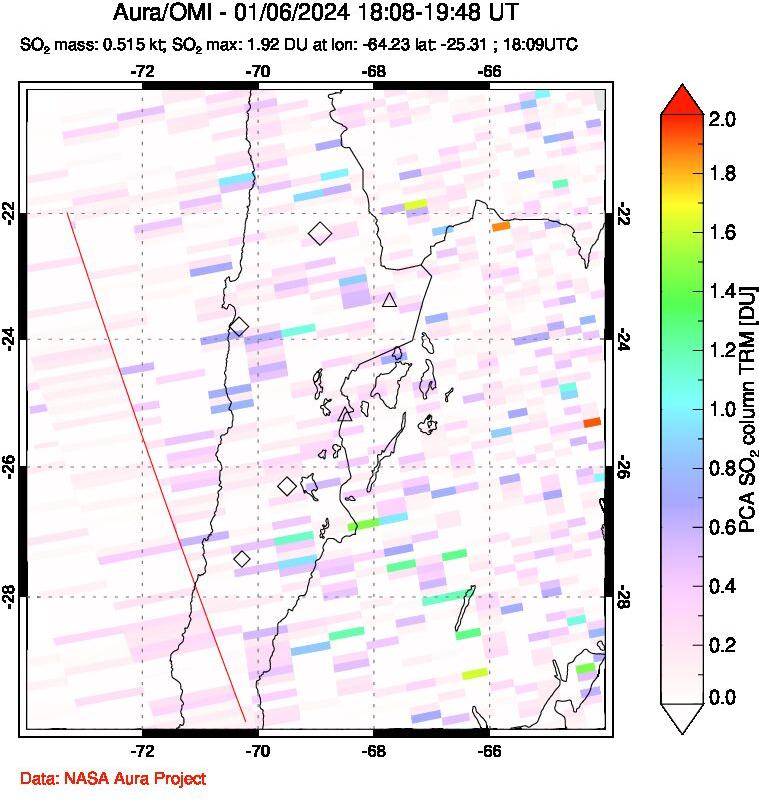 A sulfur dioxide image over Northern Chile on Jan 06, 2024.