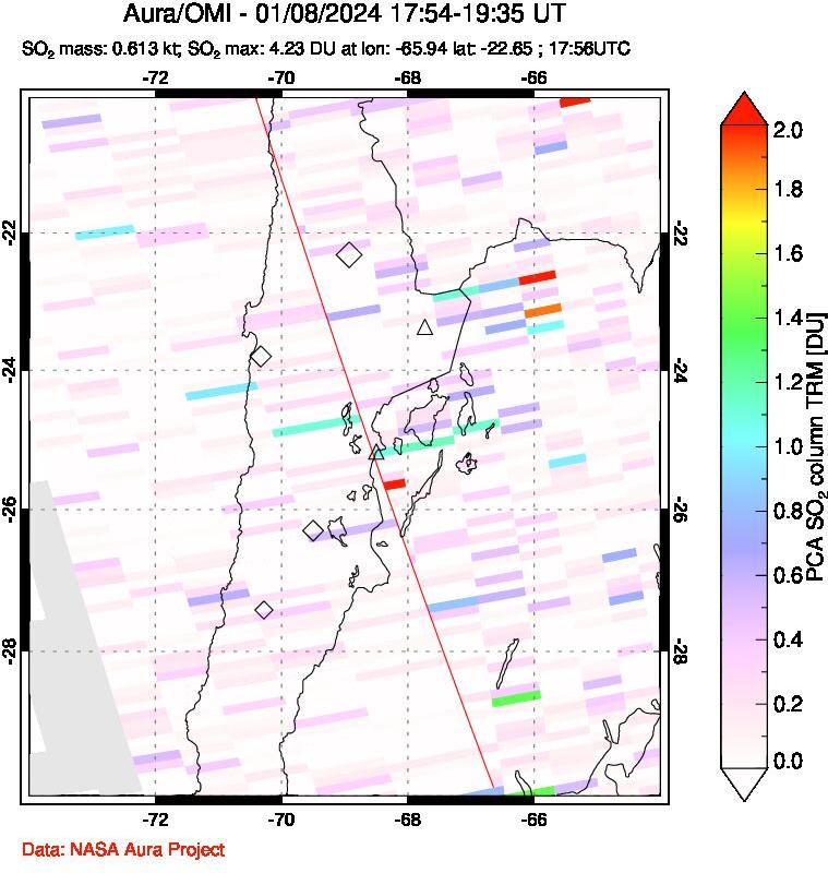 A sulfur dioxide image over Northern Chile on Jan 08, 2024.