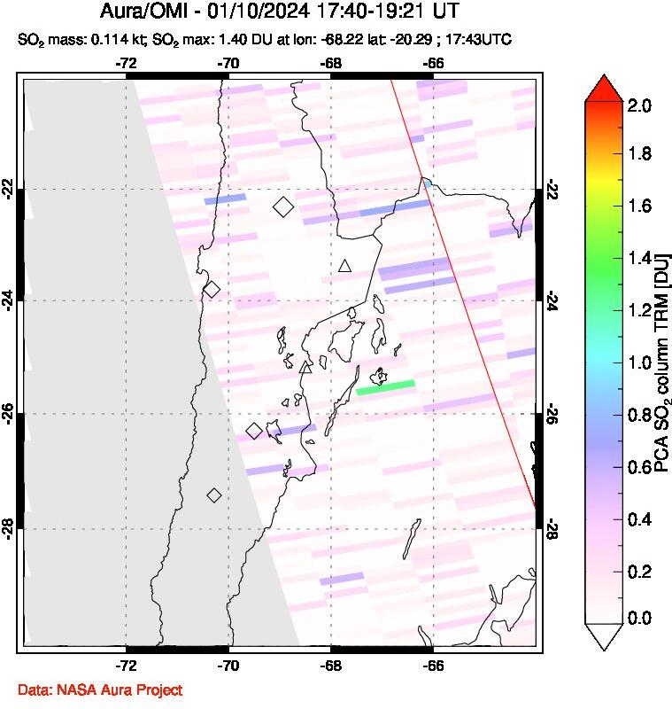 A sulfur dioxide image over Northern Chile on Jan 10, 2024.