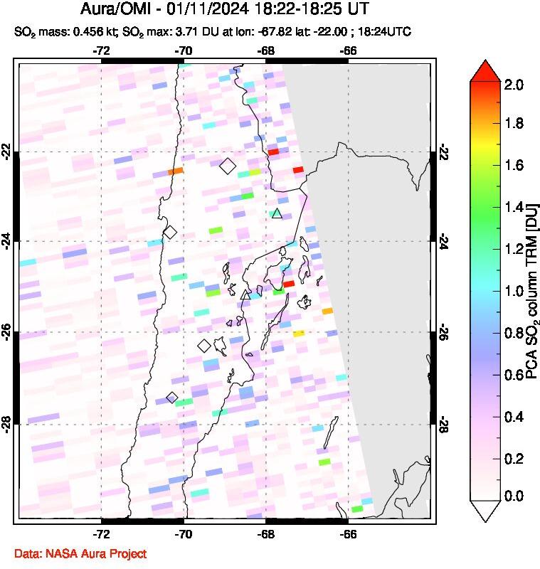 A sulfur dioxide image over Northern Chile on Jan 11, 2024.