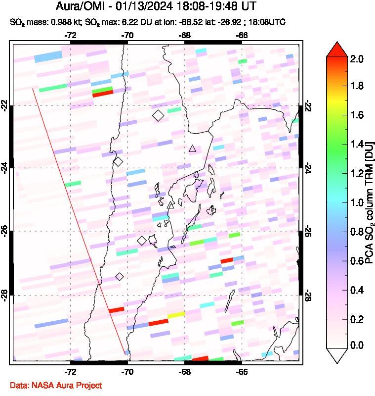 A sulfur dioxide image over Northern Chile on Jan 13, 2024.