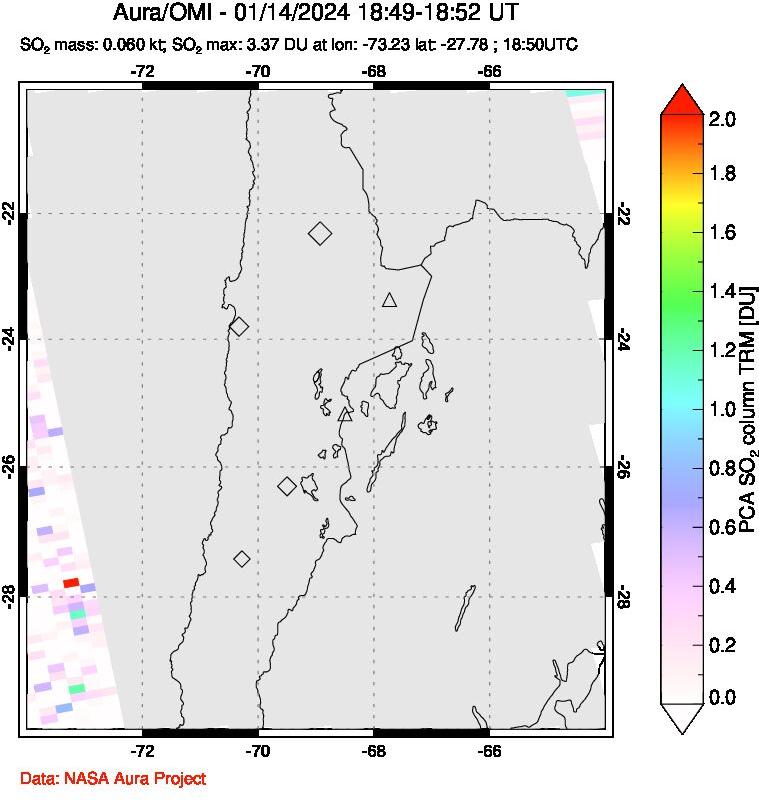 A sulfur dioxide image over Northern Chile on Jan 14, 2024.