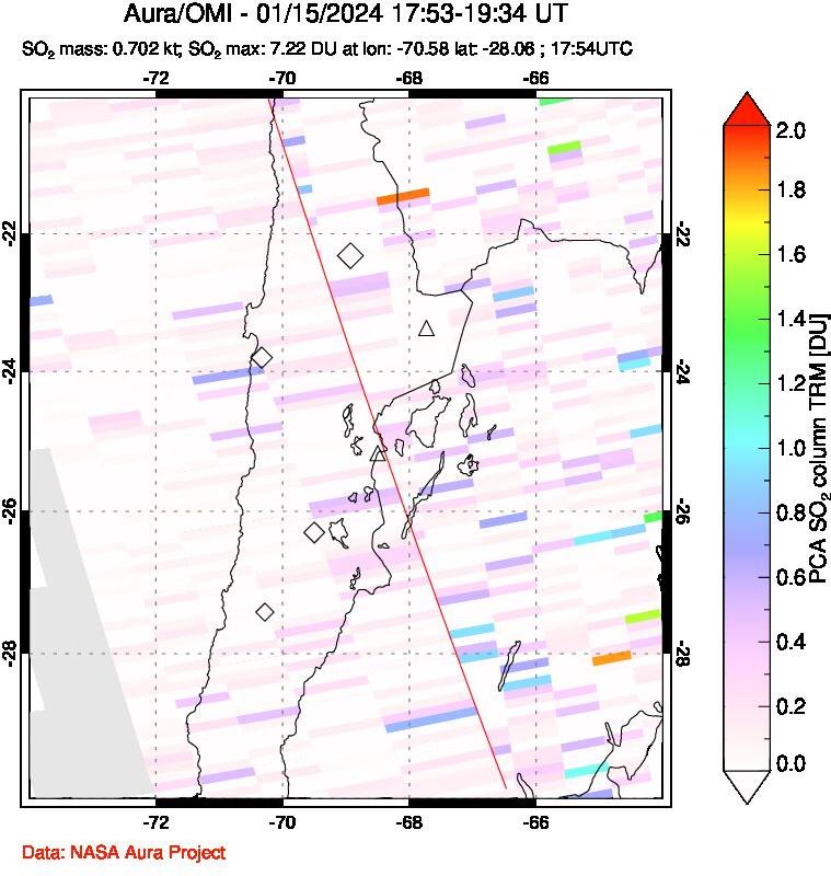 A sulfur dioxide image over Northern Chile on Jan 15, 2024.