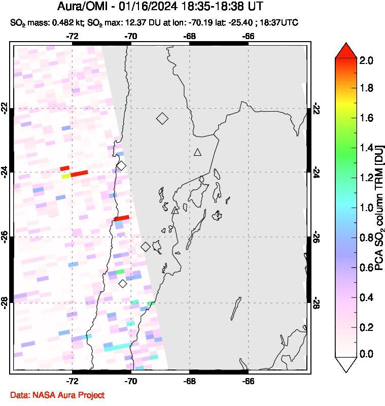 A sulfur dioxide image over Northern Chile on Jan 16, 2024.