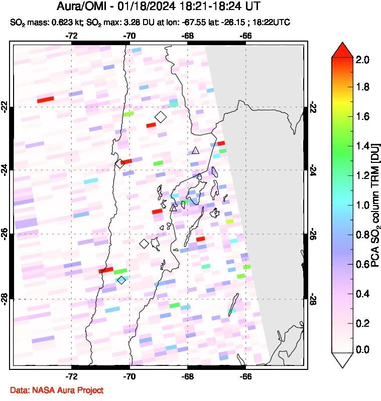 A sulfur dioxide image over Northern Chile on Jan 18, 2024.