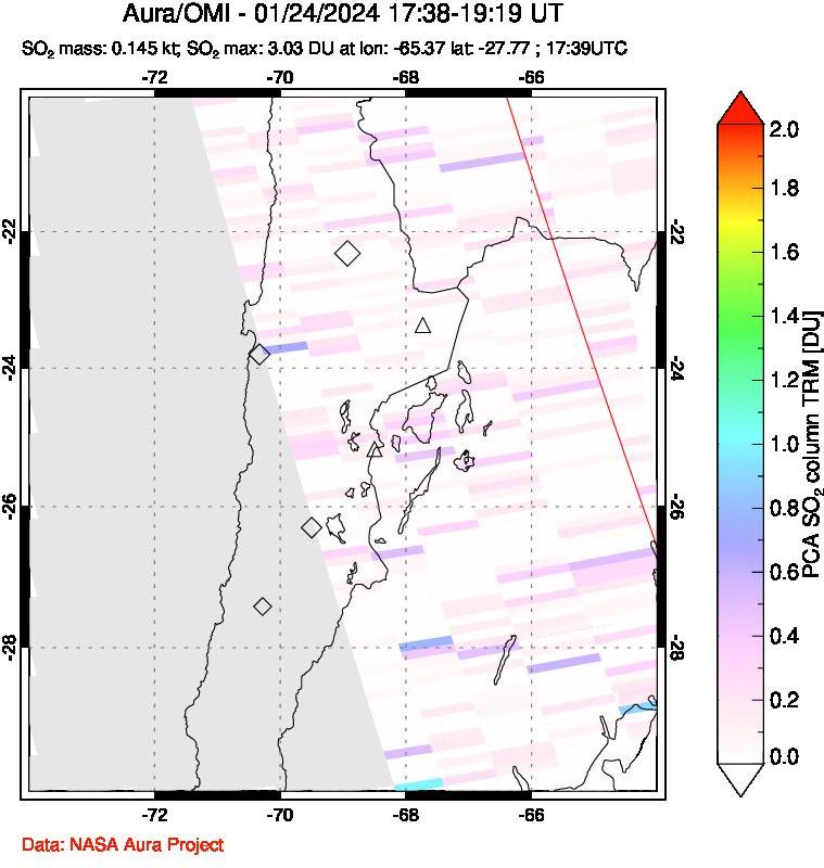 A sulfur dioxide image over Northern Chile on Jan 24, 2024.