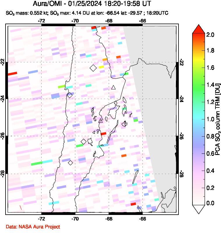 A sulfur dioxide image over Northern Chile on Jan 25, 2024.