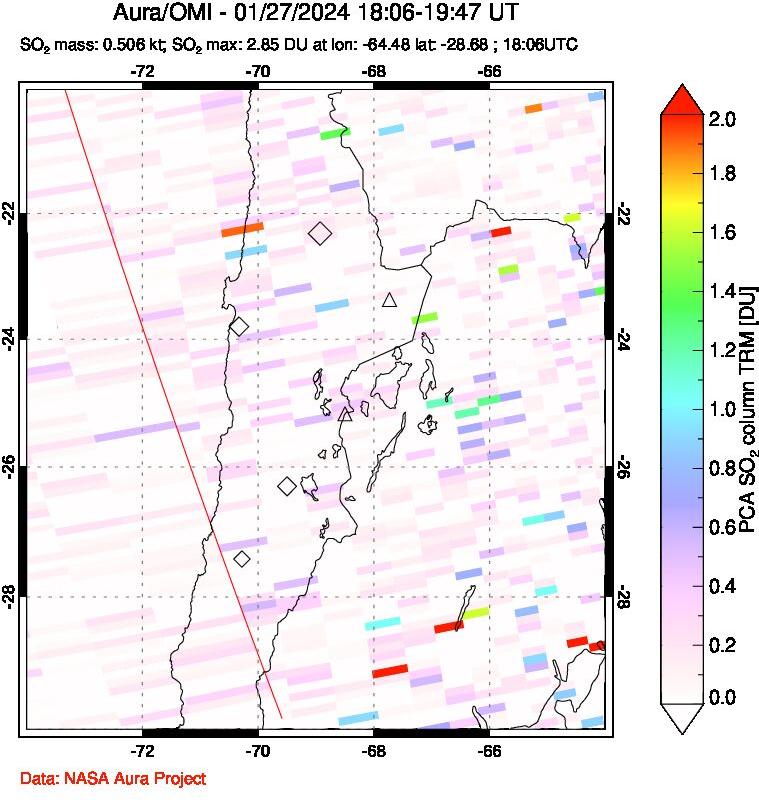 A sulfur dioxide image over Northern Chile on Jan 27, 2024.