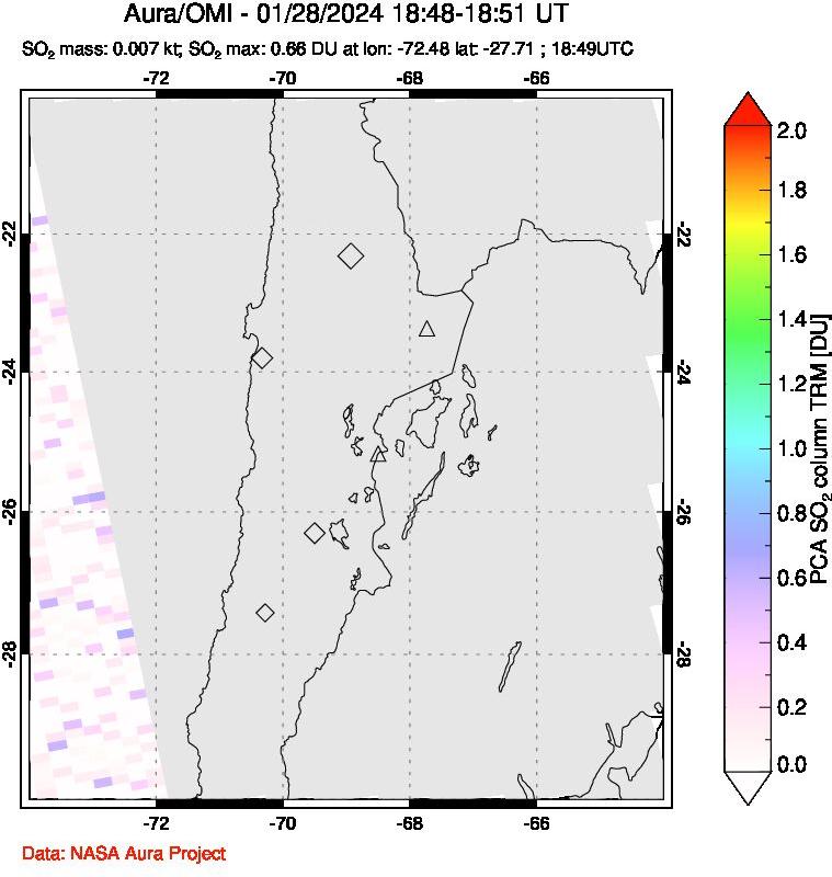 A sulfur dioxide image over Northern Chile on Jan 28, 2024.