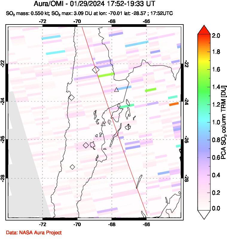 A sulfur dioxide image over Northern Chile on Jan 29, 2024.