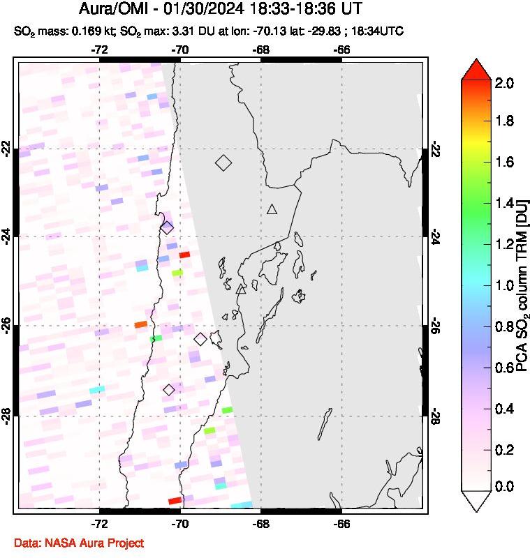 A sulfur dioxide image over Northern Chile on Jan 30, 2024.