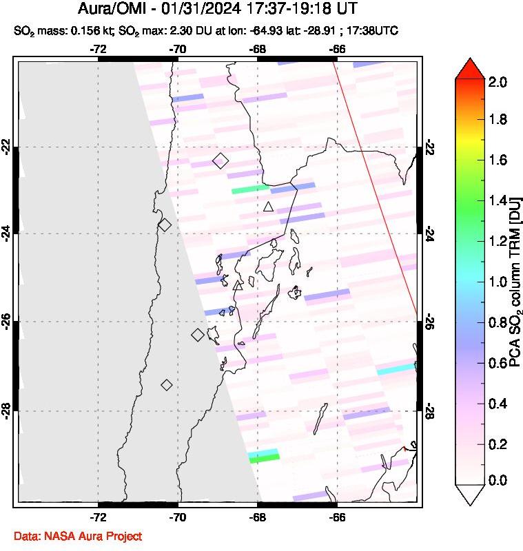 A sulfur dioxide image over Northern Chile on Jan 31, 2024.