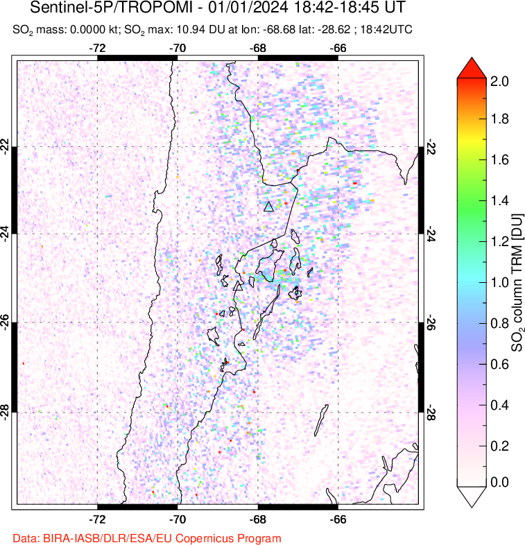 A sulfur dioxide image over Northern Chile on Jan 01, 2024.