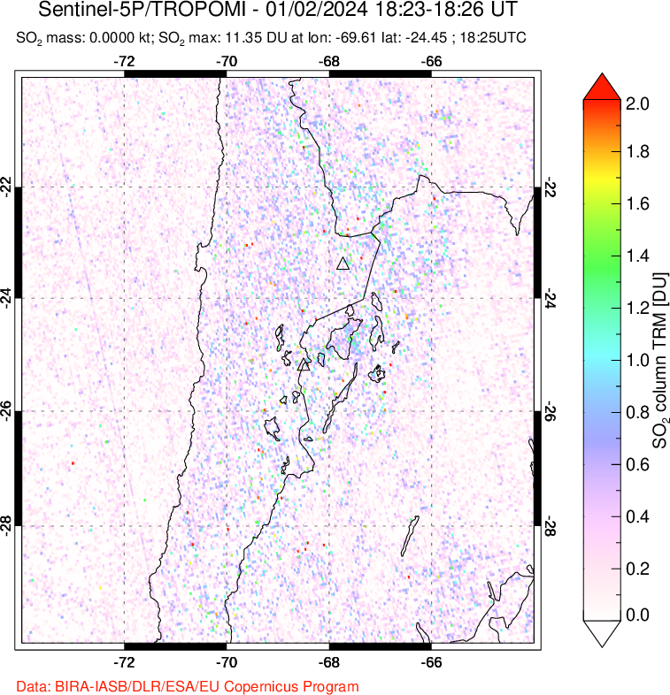 A sulfur dioxide image over Northern Chile on Jan 02, 2024.