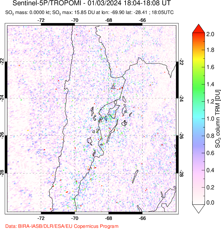 A sulfur dioxide image over Northern Chile on Jan 03, 2024.