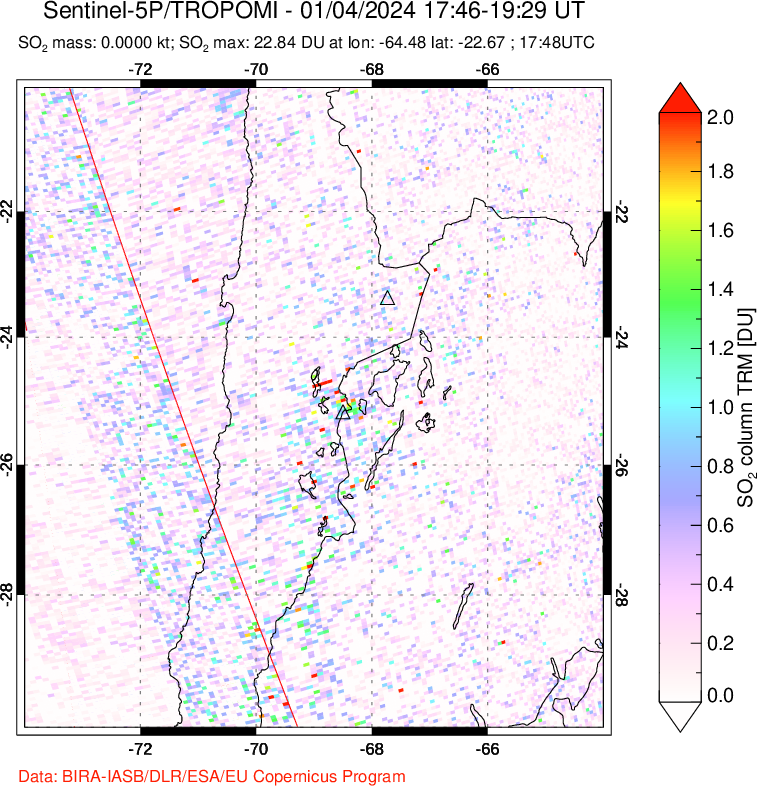 A sulfur dioxide image over Northern Chile on Jan 04, 2024.