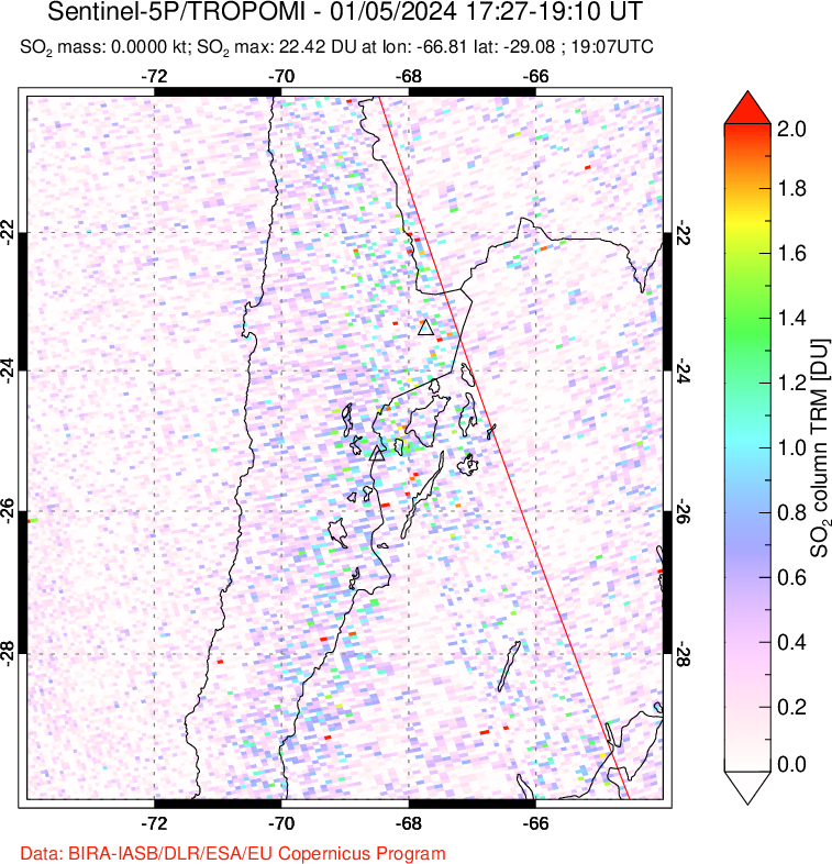 A sulfur dioxide image over Northern Chile on Jan 05, 2024.