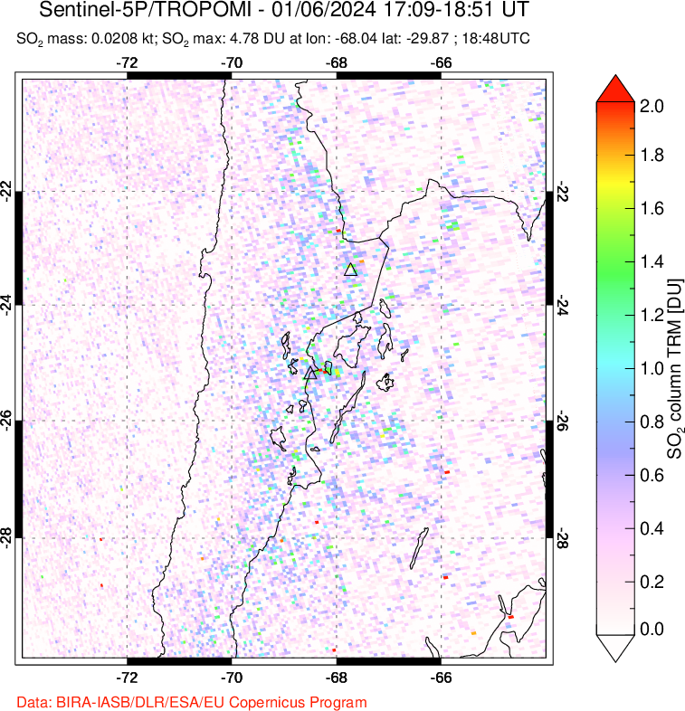 A sulfur dioxide image over Northern Chile on Jan 06, 2024.